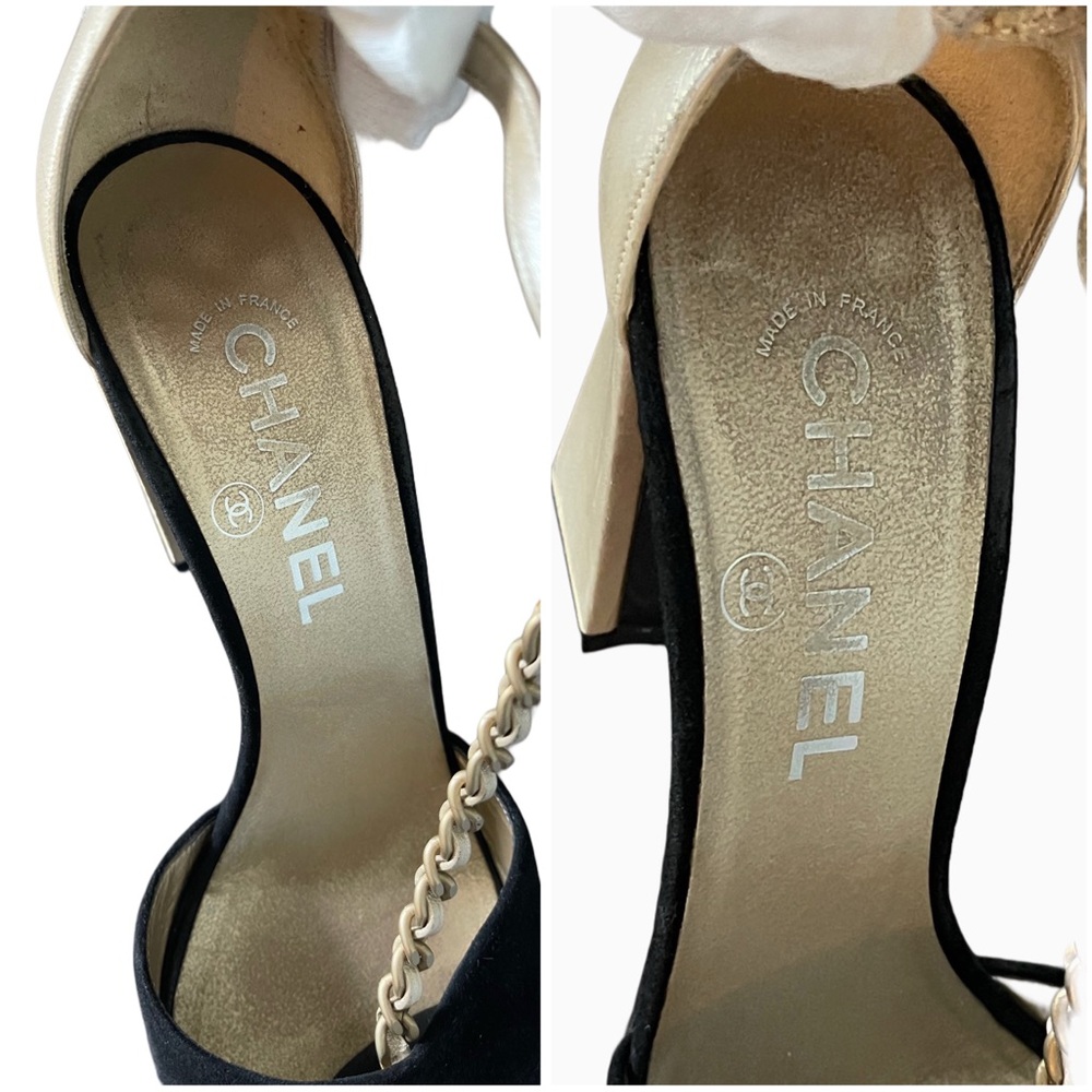 ❌SOLD❌Vintage Chanel Black/Beige Chain-link T-Strap Sandals Size EU 37 - Picture 9 of 16